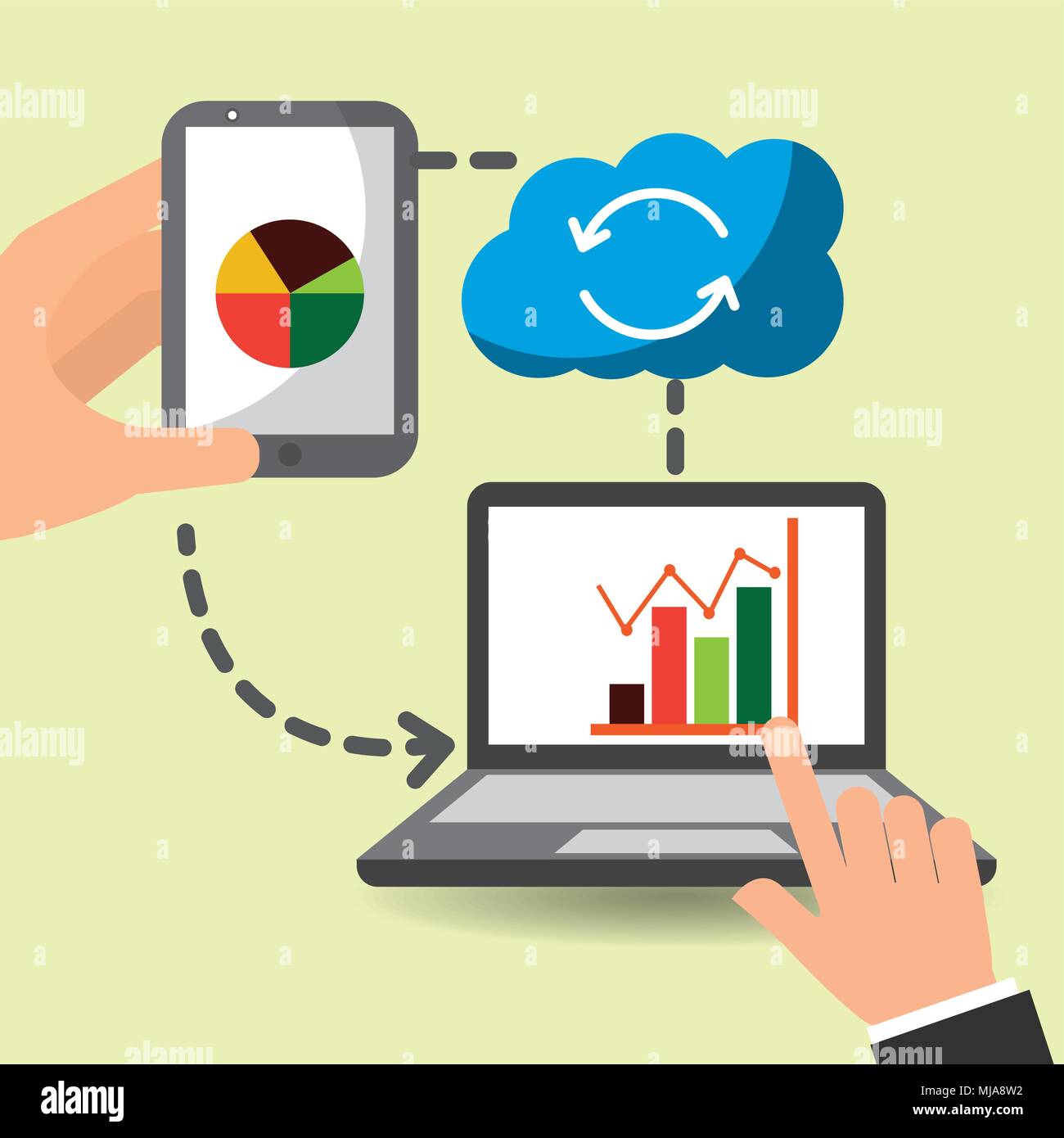 hand with laptop smartphone sharing data cloud storage vector illustration Stock Vector
