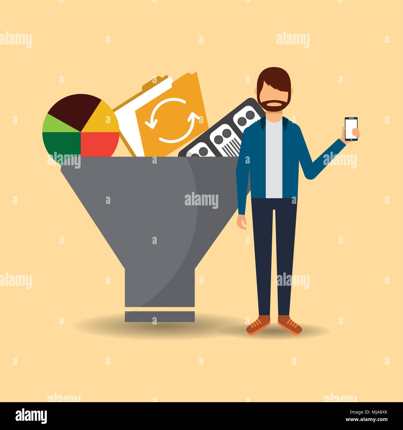man holding smartphone with big filter folder data server vector illustration Stock Vector