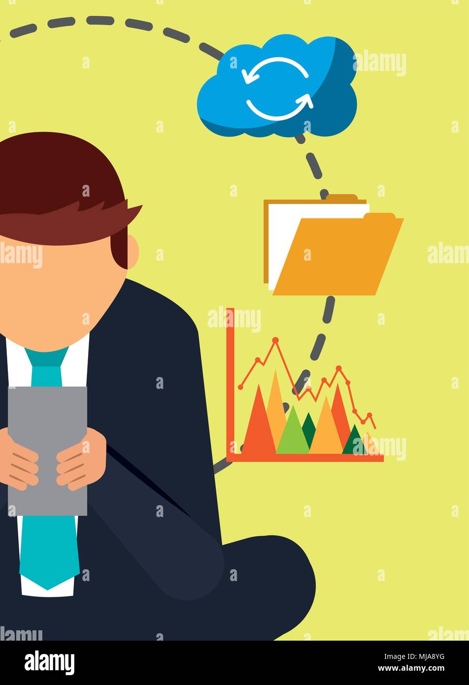 businessman with mobile phone and cloud computing files and graph vector illustration Stock Vector