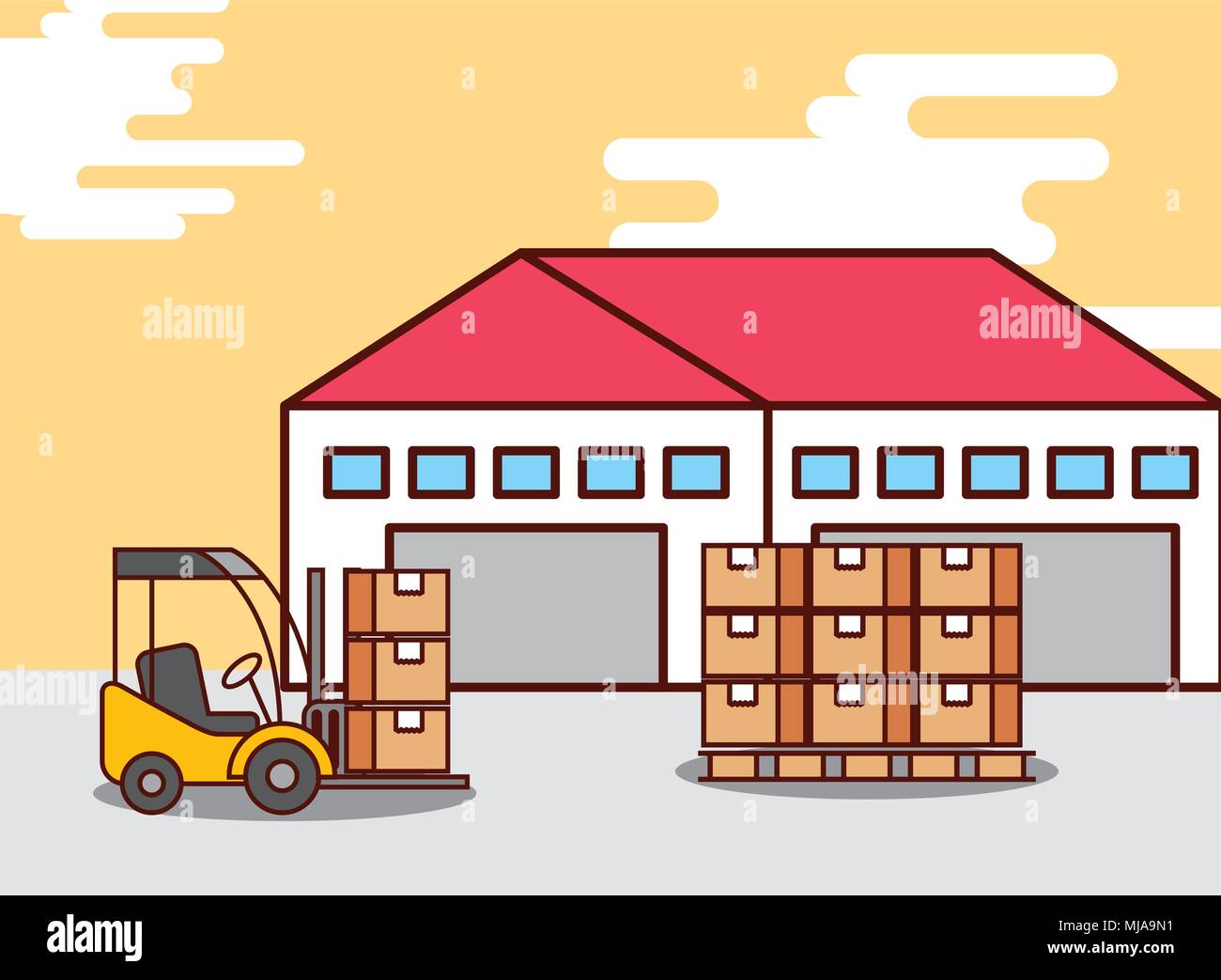 logistic warehouse cardboard boxes and forklift machine Stock Vector ...