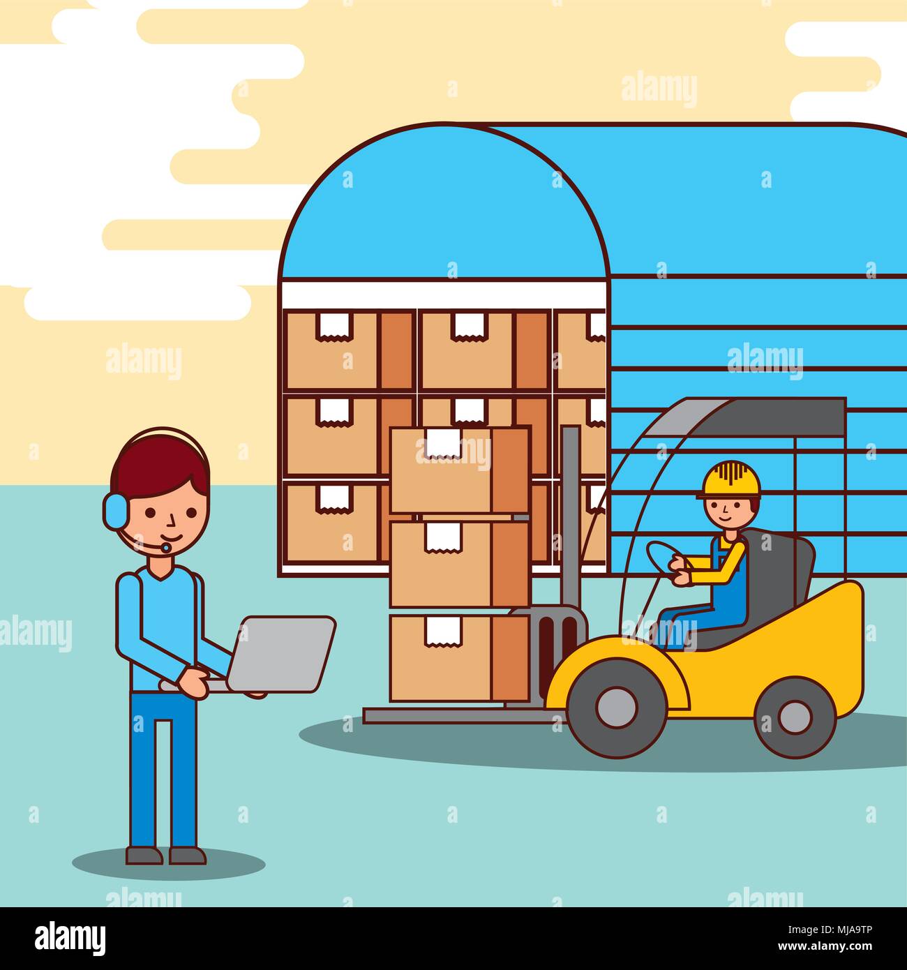 warehouse workers operator and driver forklift with boxes Stock Vector
