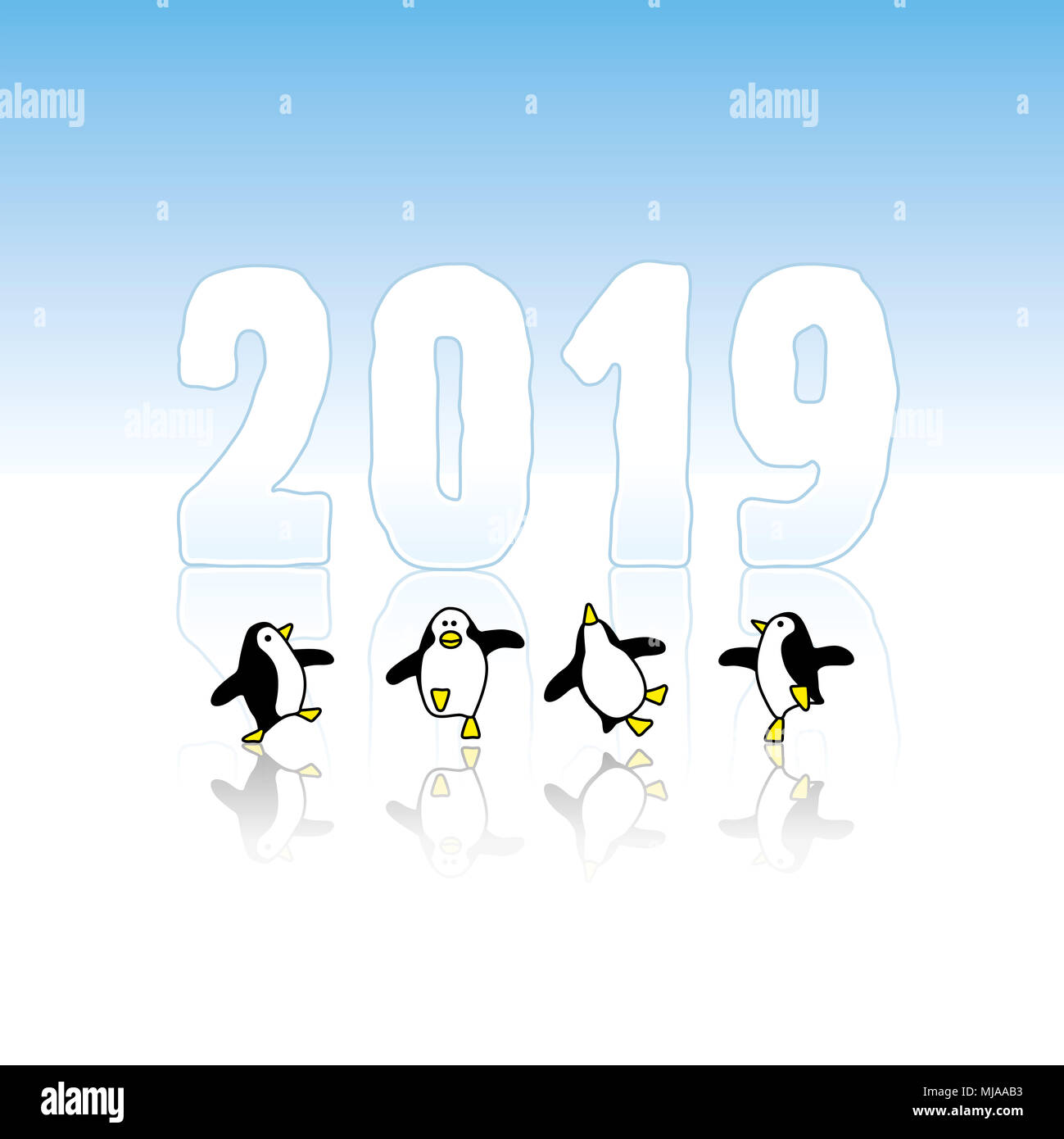 Four Happy Party Penguins Dancing in front of Frozen New Year 2019 made in Ice Stock Photo