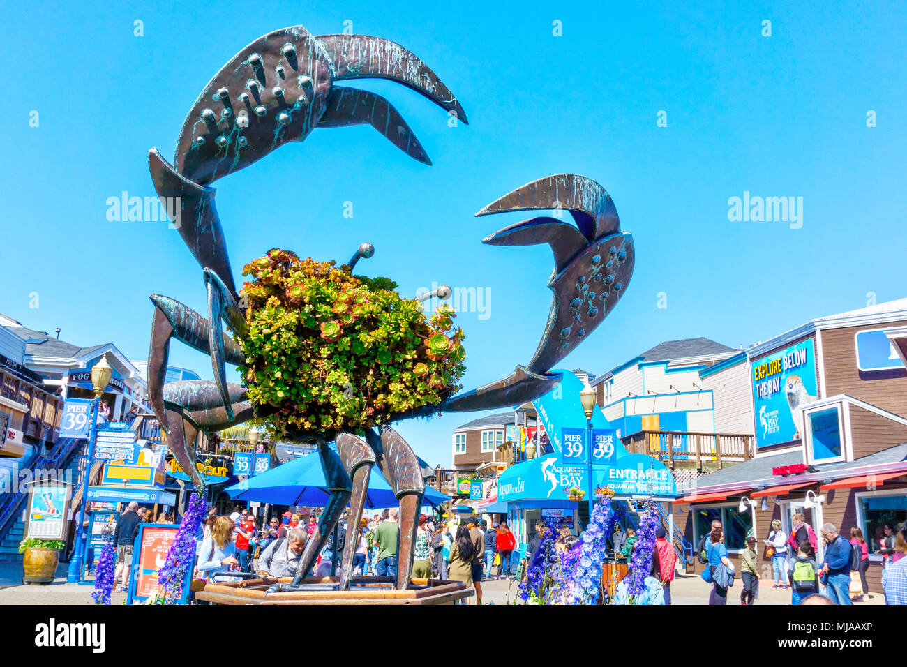 SAN FRANCISCO - APR 2, 2018: Visitors flock to Pier 39 at San Francisco's Fisherman's Wharf renowned for its varied attractions, shops and seafood. Stock Photo