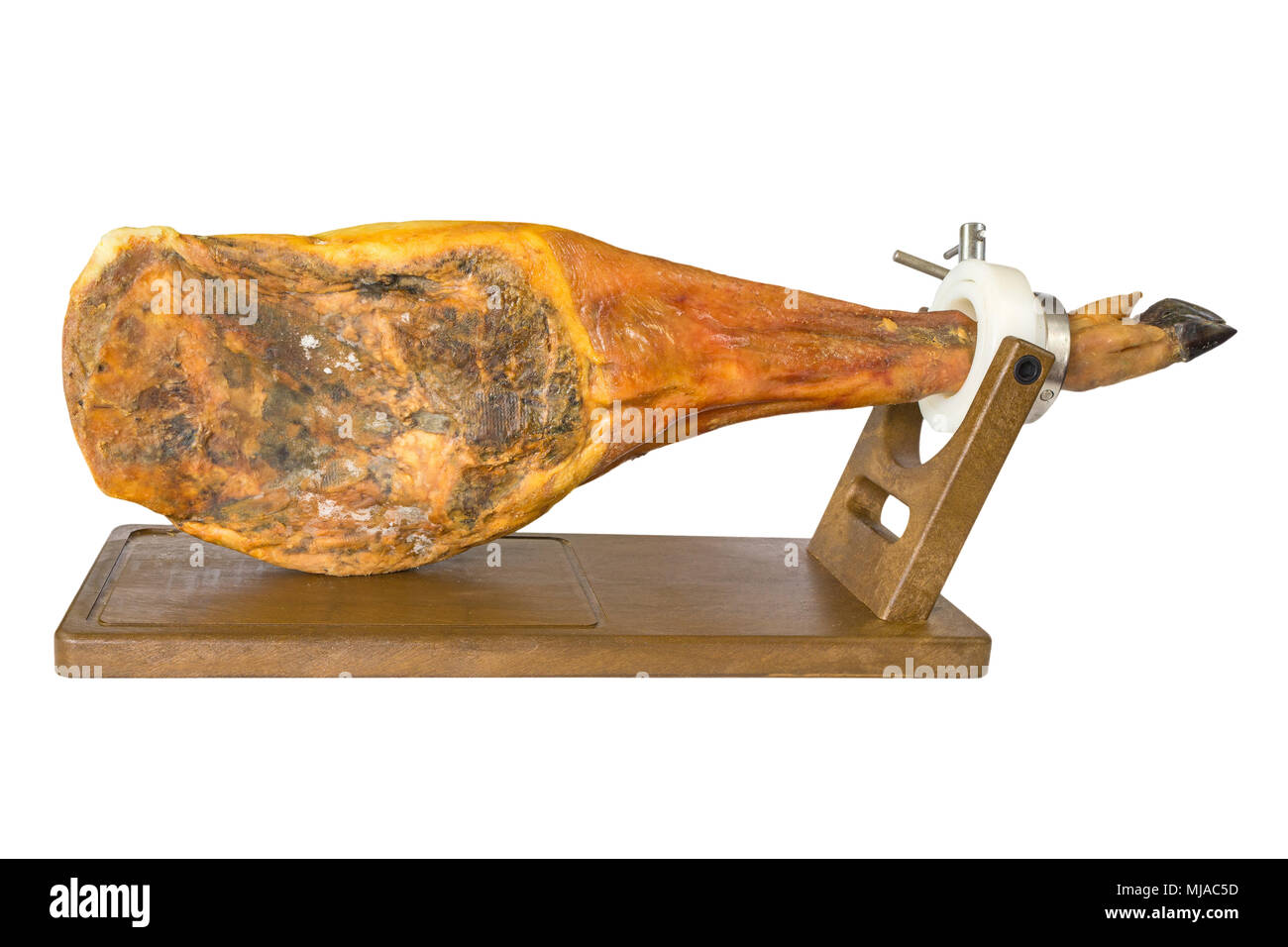 Side view of whole serrano ham leg over wood Stock Photo Alamy