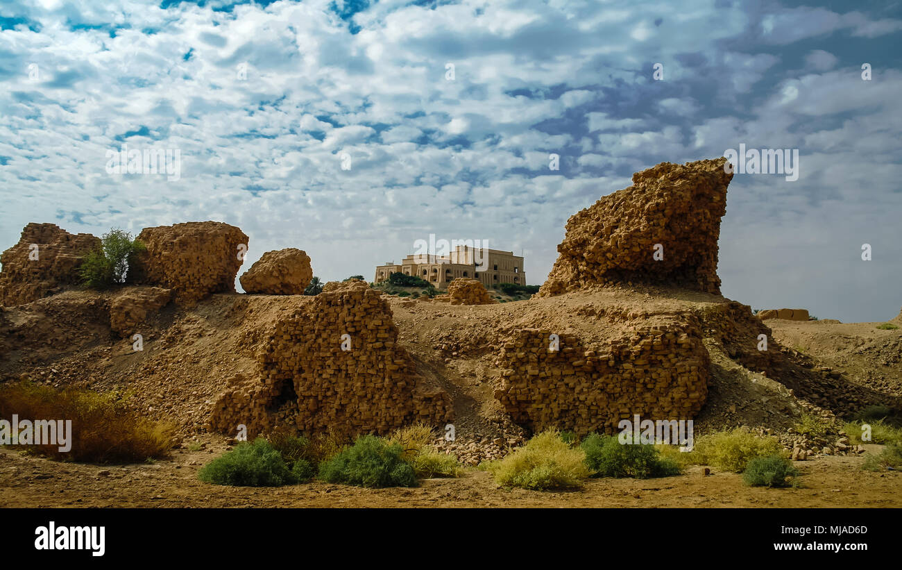 Panorama of partially restored Babylon ruins and Former Saddam Hussein Palace, Babylon, Hillah, Iraq Stock Photo