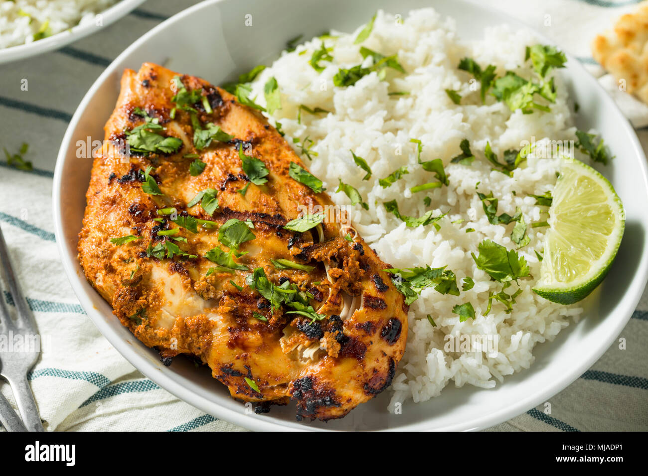 Homemade Indian Tandoori Chicken with Rice and Naan Bread Stock Photo