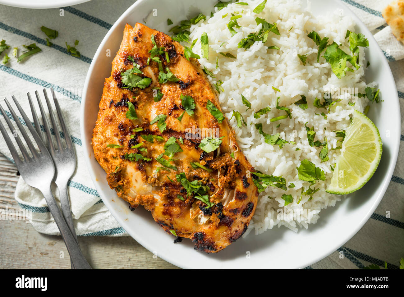 Homemade Indian Tandoori Chicken with Rice and Naan Bread Stock Photo