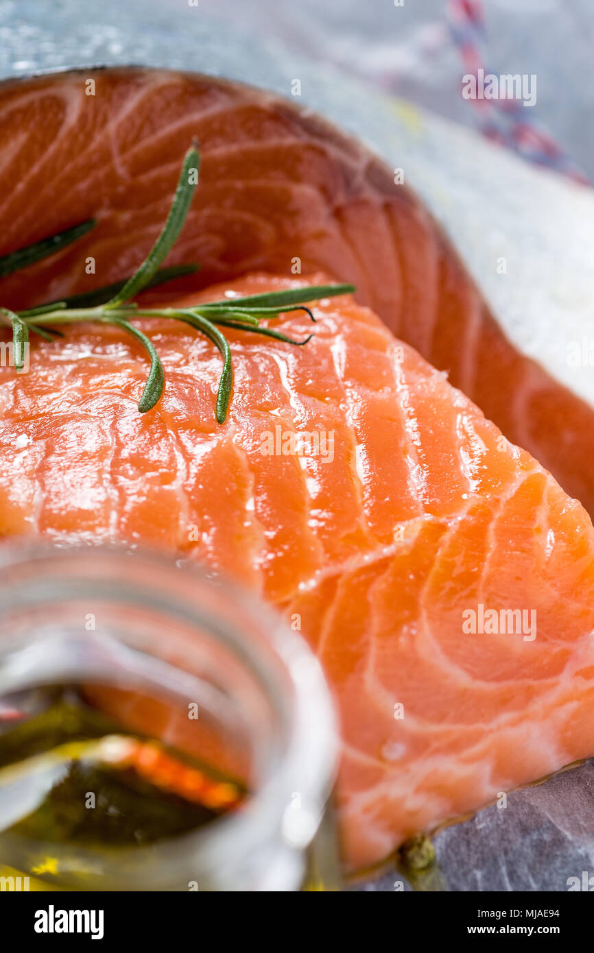 Raw Salmon Fillet with Aromatic Herbs and Spices Stock Photo - Alamy