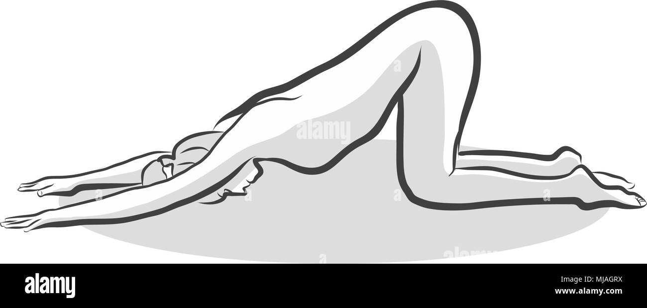 Hand Drawn Extended Puppy Pose Uttana Shishosana Pose, Yoga Woman. Vector Outline Illustration. Stock Vector
