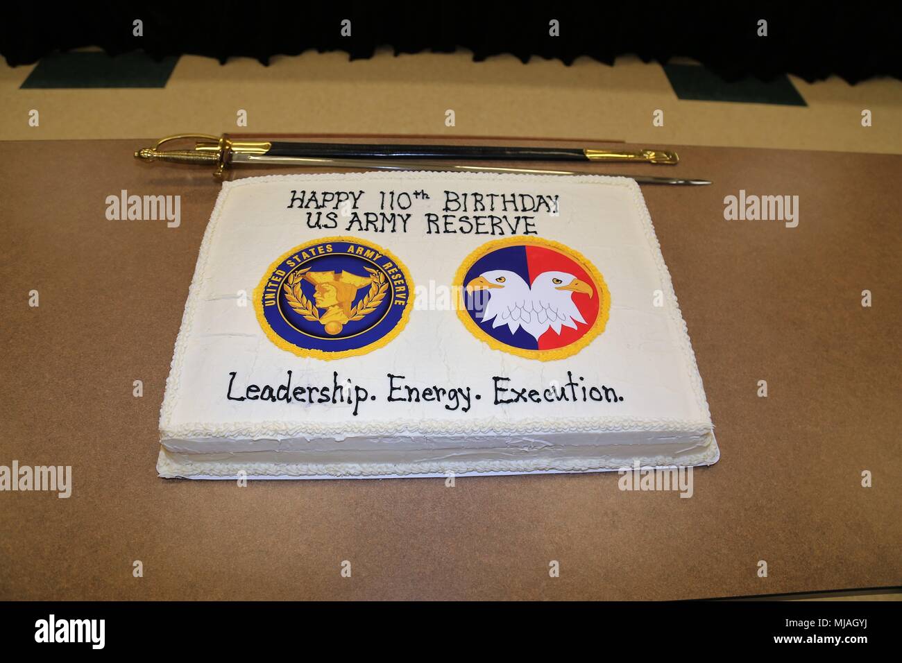 A cake is shown that is part of the installation observance of the Army Reserve’s 110th birthday April 23, 2018, at the Staff Sgt. Todd R. Cornell Noncommissioned Officer Academy at Fort McCoy, Wis. Dozens of people attended the event. The Army Reserve was founded on April 23, 1908, when Congress authorized the Army to establish a Medical Reserve Corps, the official predecessor of the Army Reserve. Today, approximately 200,000 Army Reserve Soldiers serve around the globe. Sgt. Maj. Michael D. Sprague with the 88th Readiness Division served as the guest speaker for the event. (U.S. Army Photo b Stock Photo