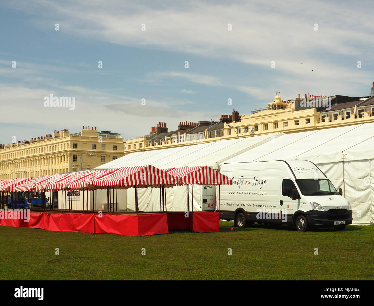 Stalls and marquees being set up for the Bi-Annual food festival in Hove, UK Stock Photo