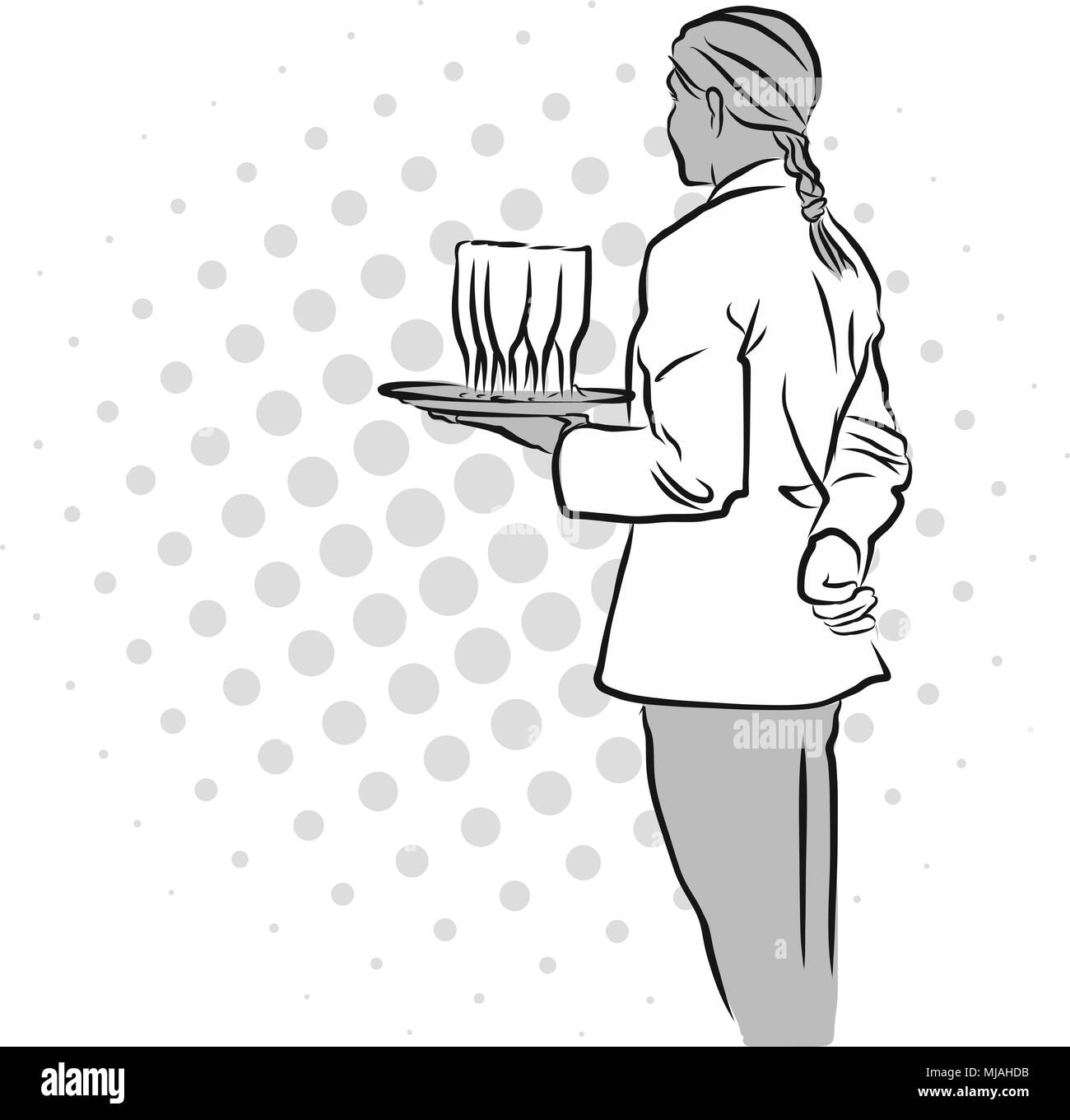 Steward from back holding table with champagne glasses Hand Drawn Outline Sketch, Stock Vector