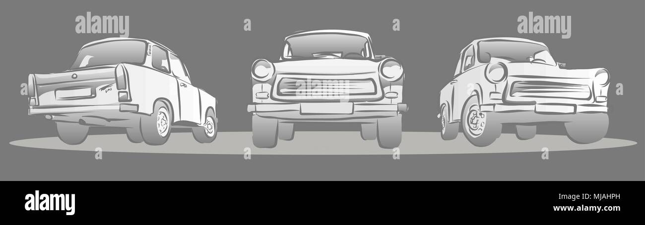 Old East german Car, Three Views. Hand Drawn Sketches Stock Vector