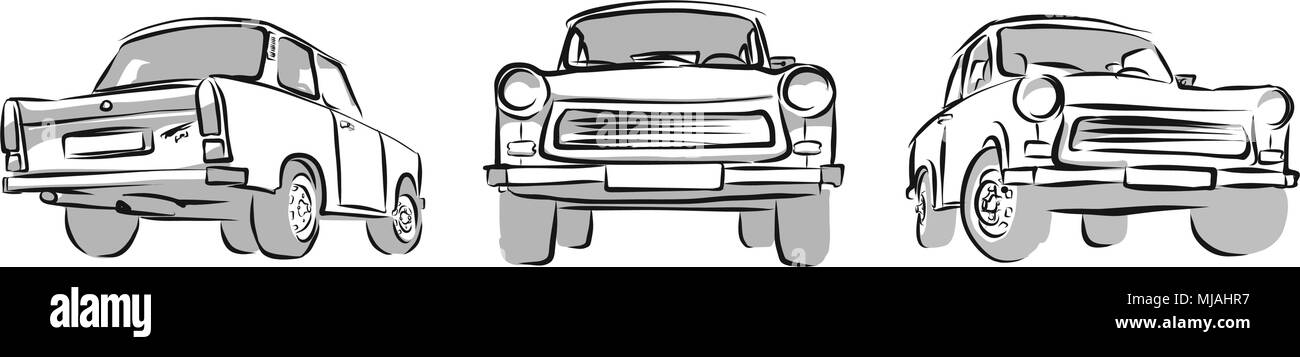 Old East german Car, Three Views. Vector Sketch, Hand Drawn Illustration Stock Vector