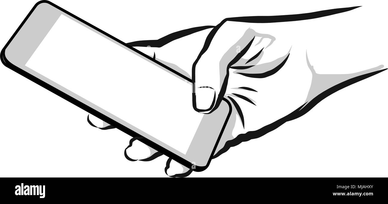 Sketched Hand Holding Mobile Phone, Handmade Artwork Stock Vector