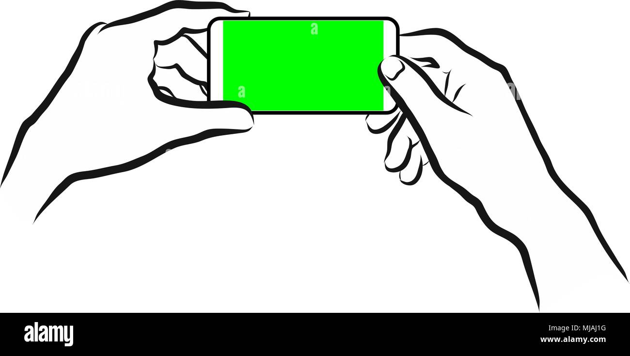 Holding Mobile in Landscape Mode. Hand Drawn Outline Artwork with Green Screen. Stock Vector