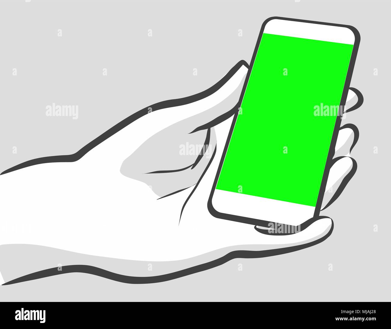 Holding Mobile in Portrit Mode. Hand Drawn Outline Artwork with Green Screen. Stock Vector