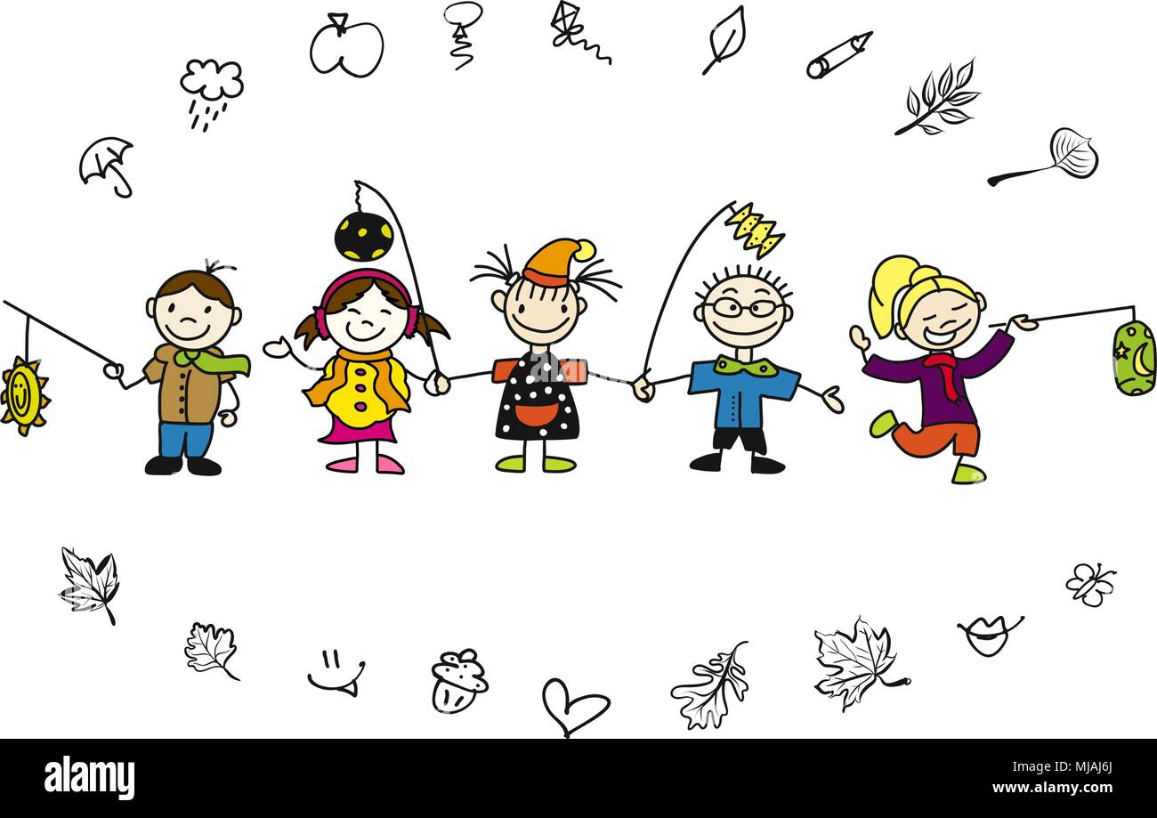 Kindergarten Kinder Laternenumzug mit kleinen Souveniers, Freihandskizze Vektor Illustration Stock Vector