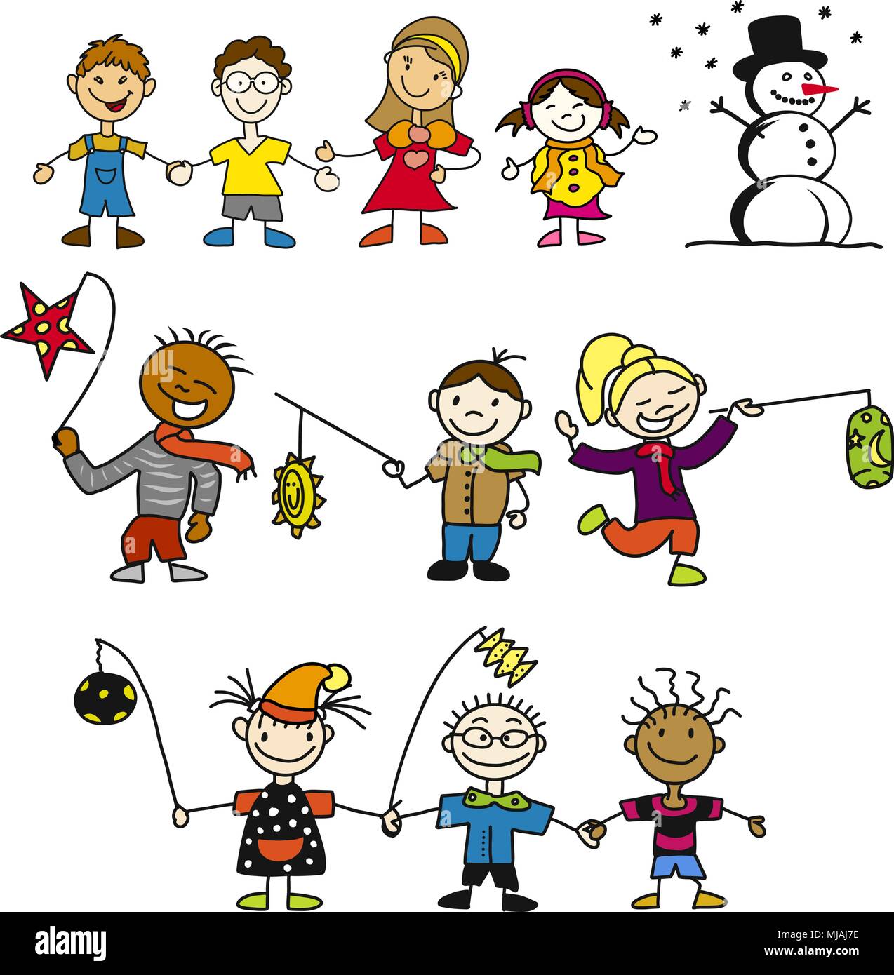 Kindergarten Kinder mit Laterne, Erzieherin und Schneemann, Freihandskizze Vektor Illustration Stock Vector