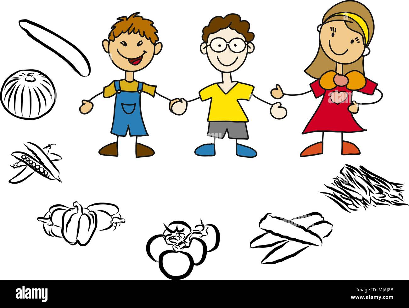 Gesunde Ernährung im Kindergarten, Kinder mit Erzieherin, Freihandskizze Vektor Illustration Stock Vector