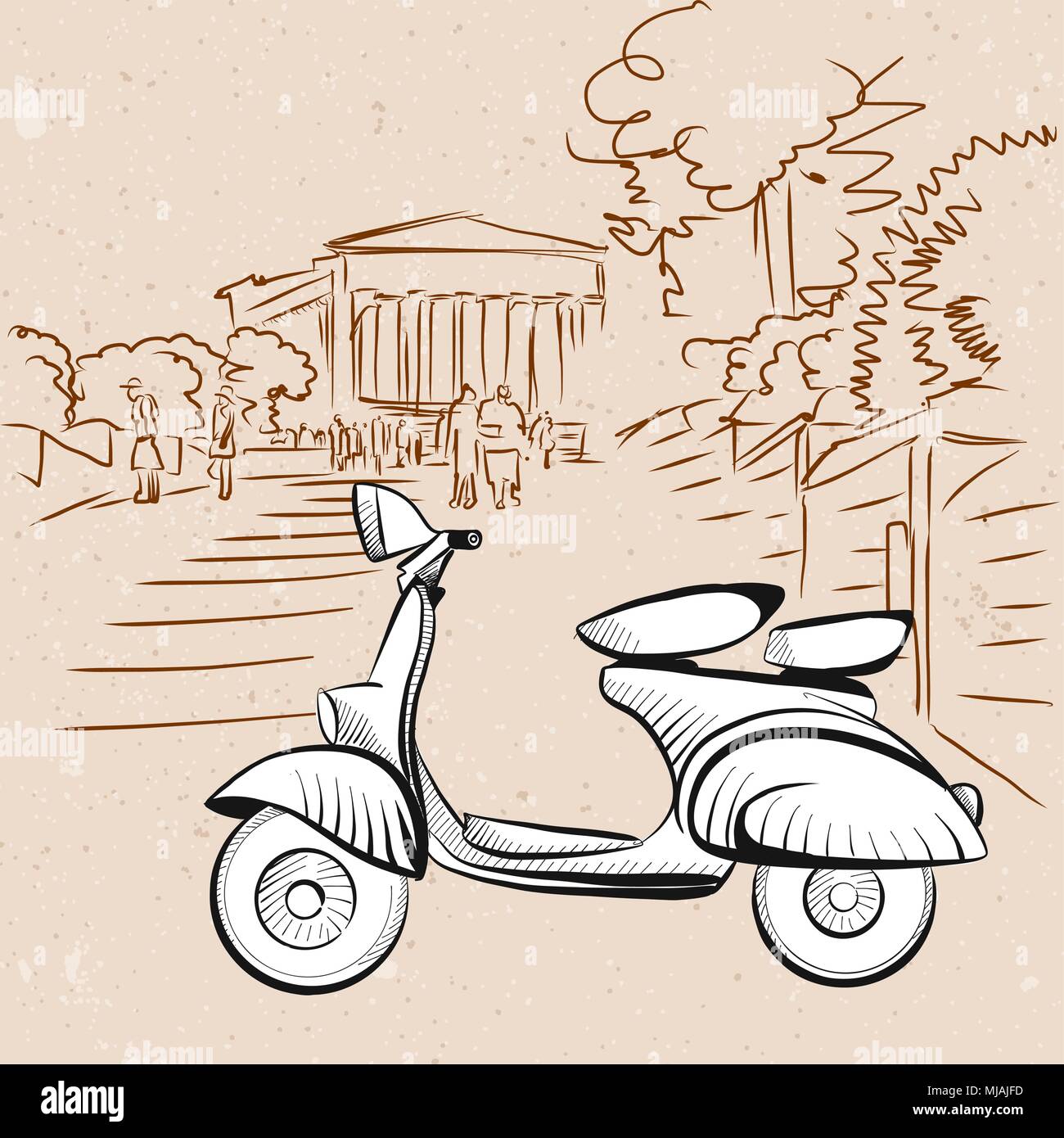 Italian Scooter on Front of Sicilian Temple, Hand Drawn Vector Artwork Stock Vector