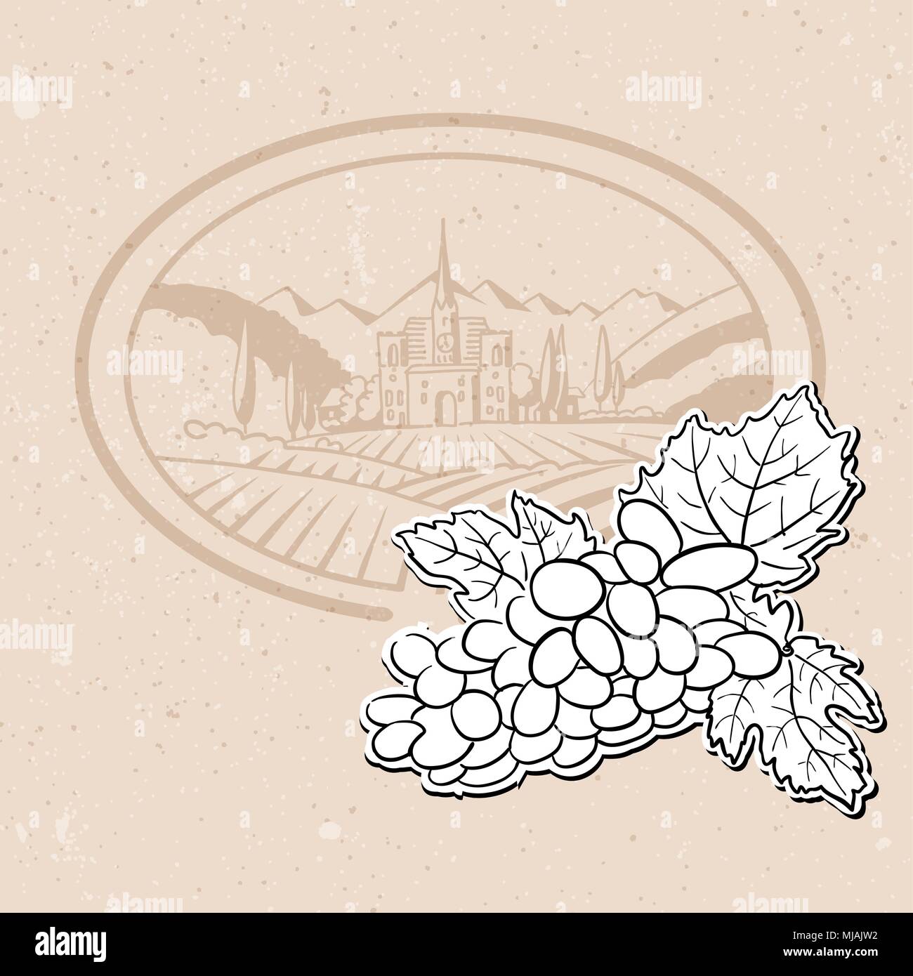 Vineyard and Bunch of Grapes, Background Design Hand drawn Vector Artwork Stock Vector
