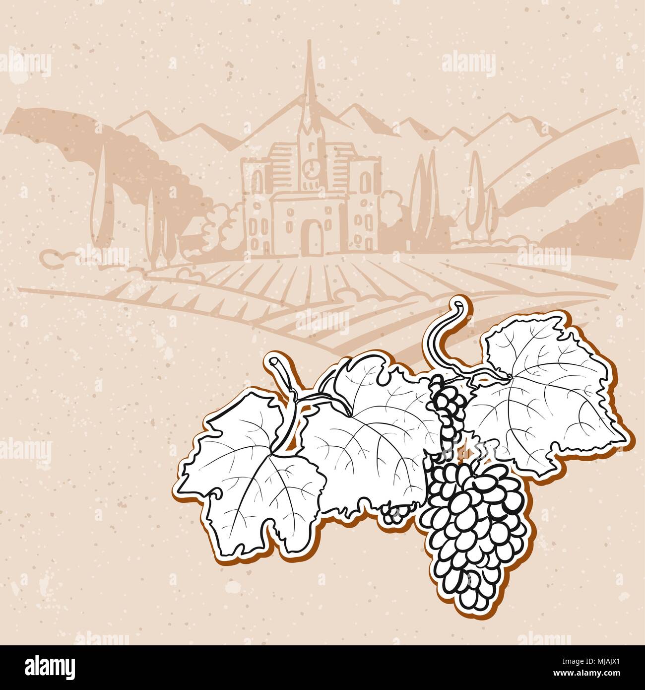 Grapes in Front of Vintage Vineyard Farm Sketched Hand drawn Vector Artwork Stock Vector