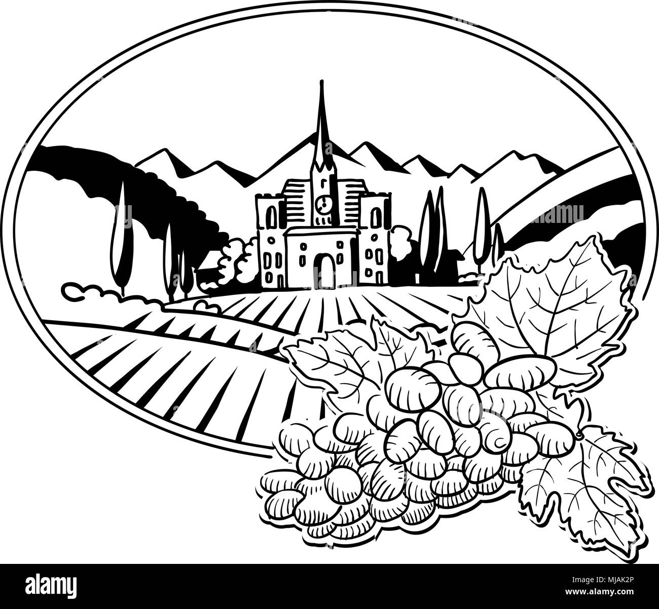 Grapes with Sketched Vineyard Farm Label, Hand drawn Vector Artwork Stock Vector