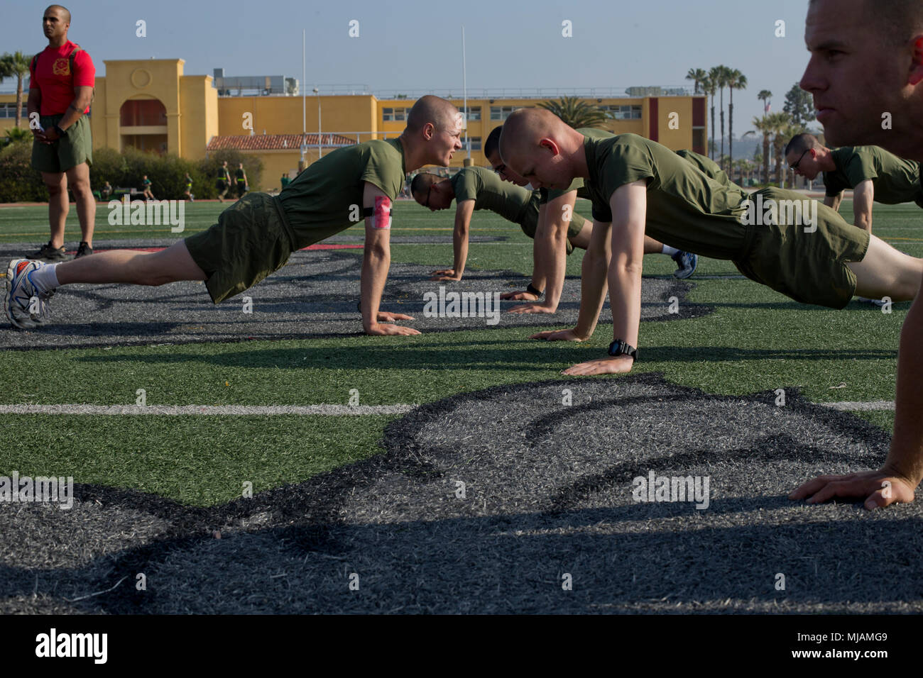 New Marines with Bravo Company, 1st Recruit Training Battalion, conduct  push-ups during a force fitness training event at Marine Corps Recruit  Depot San Diego, April 25. The Marines conducted a light exercise