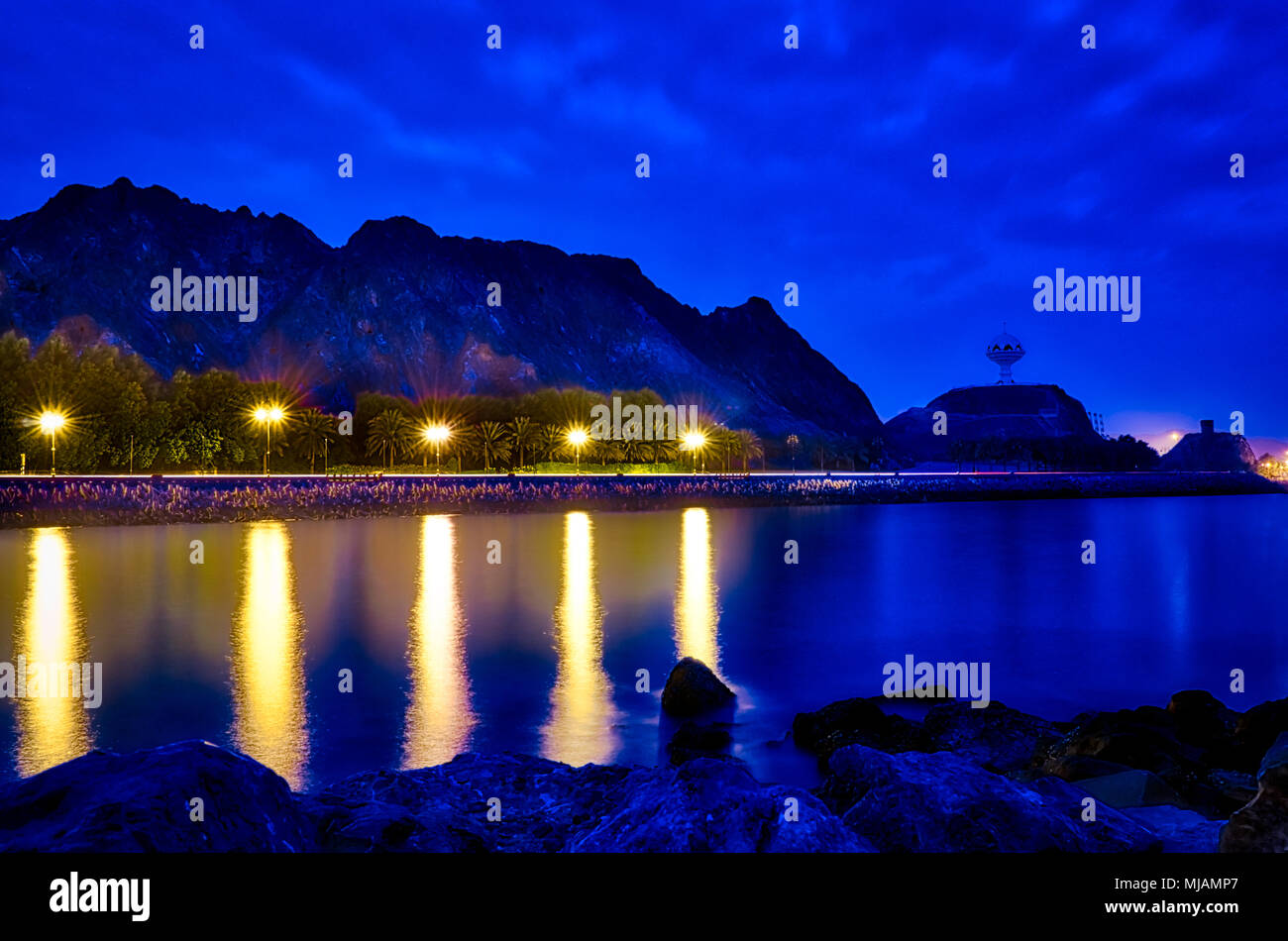 Blue Hour shot of the Giant Frankincense burner monument of Muscat, Oman. Long Exposure, early morning. Stock Photo