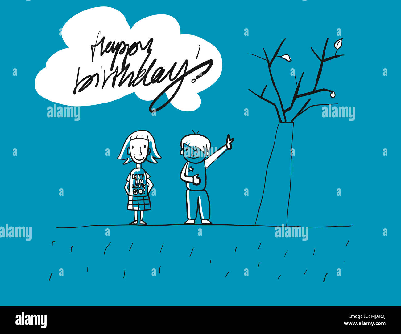 Happy birthday Grunge Kids Greeting Card, Hand-drawn Vector Sketches, Blue Colored Artwork Stock Photo