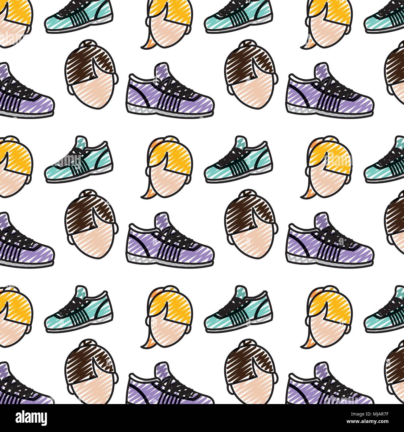 doodle women head and running shoes background Stock Vector