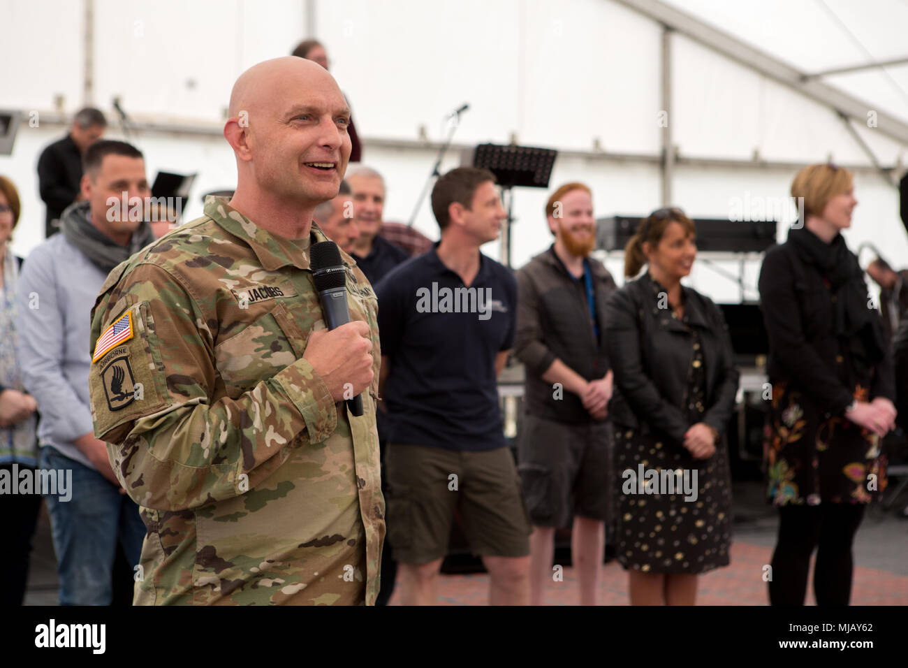 U.S. Army Col. Jake Jacobs, Supreme Headquarters Allied Powers Europe (SHAPE)  Base Support Group (BSG) commander, acknowledges the hard work of SHAPE  Local Wage Scale employees at the SHAPE Spring Community Day,