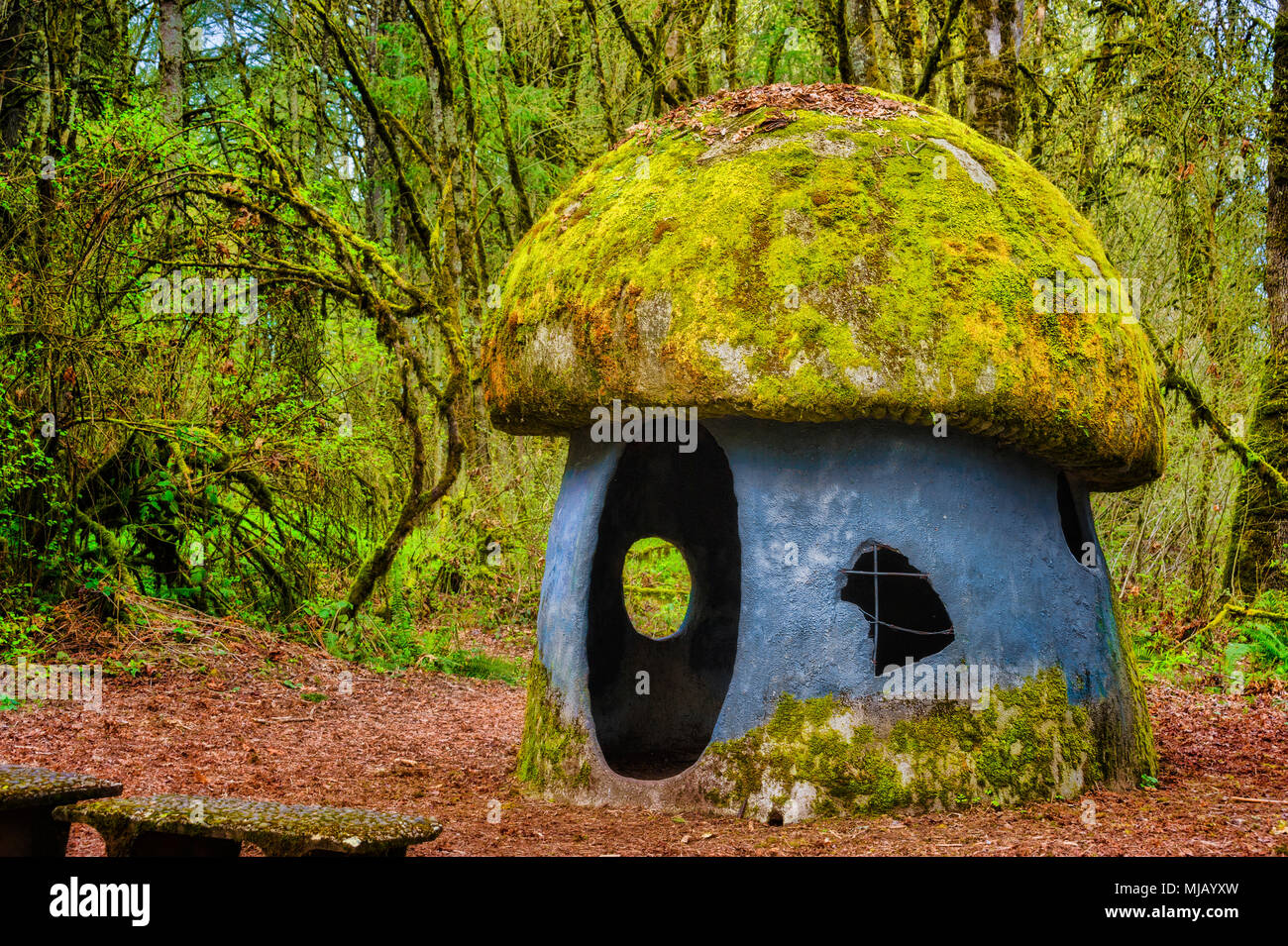McMinnville, Oregon, USA - April 4, 2018:  Mushroom house in a nearly abandoned city park in McMinnville, Oregon Stock Photo