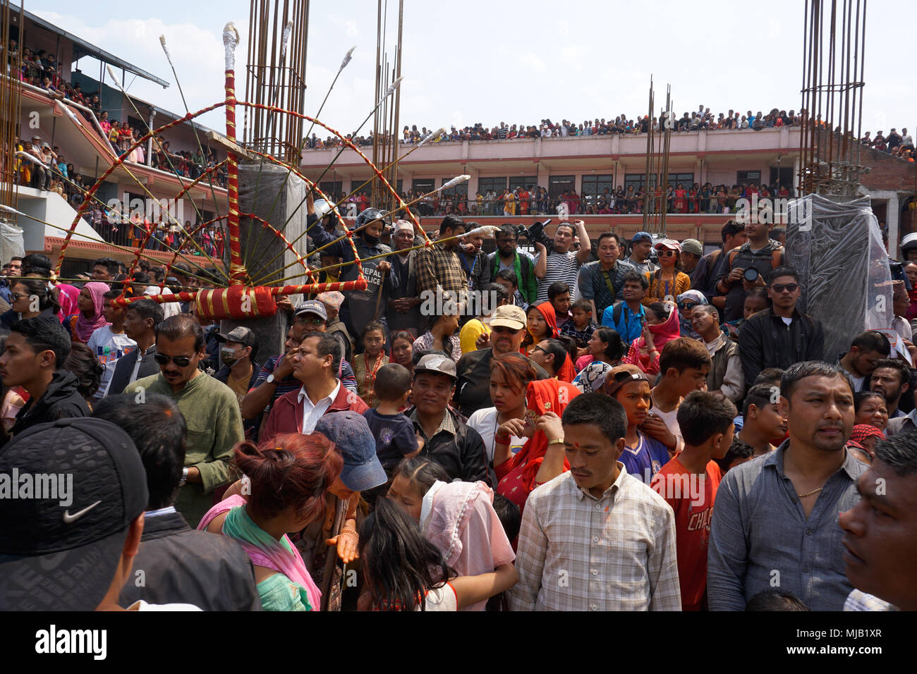 Crowd waiting during Thimi color festival (Sindoor Jatra), Nepali new year, april 2018 Stock Photo