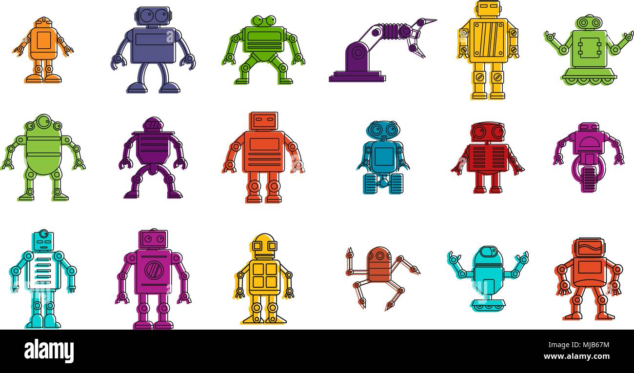 Robot icon set. Color outline set of robot vector icons for web design ...
