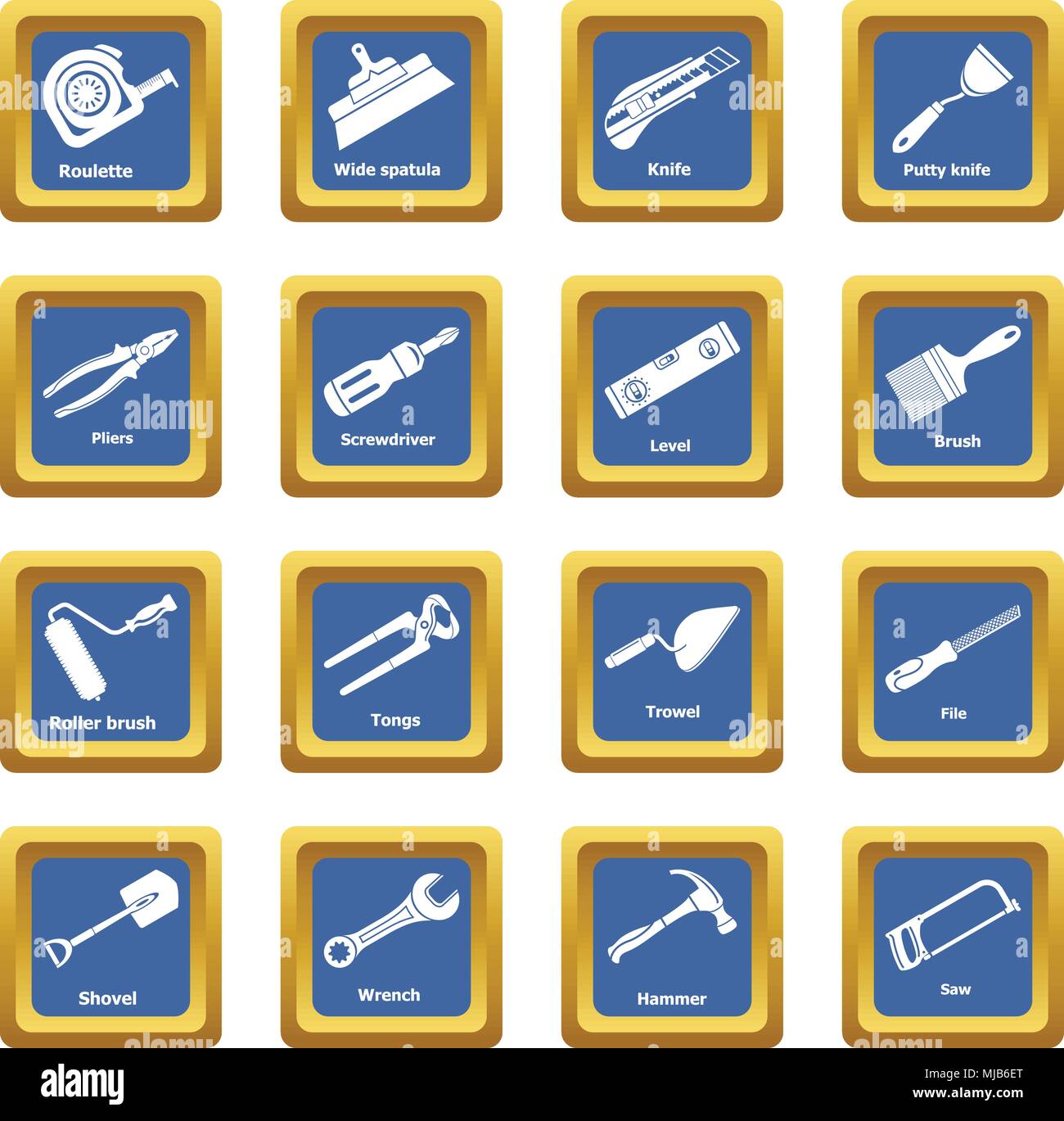Building hand tool icons set vector blue square isolated on white background Stock Vector