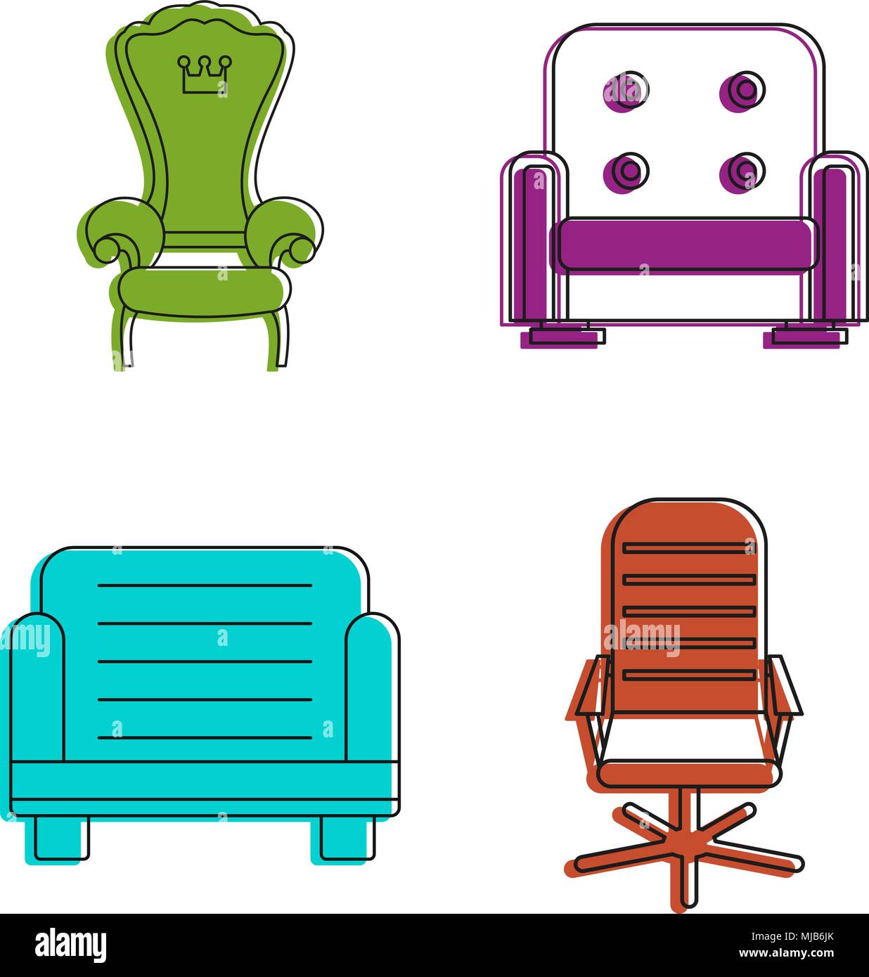 Armchair icon set. Color outline set of armchair vector icons for web ...