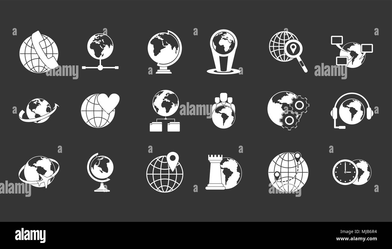 Globe icon set vector white isolated on grey background Stock Vector