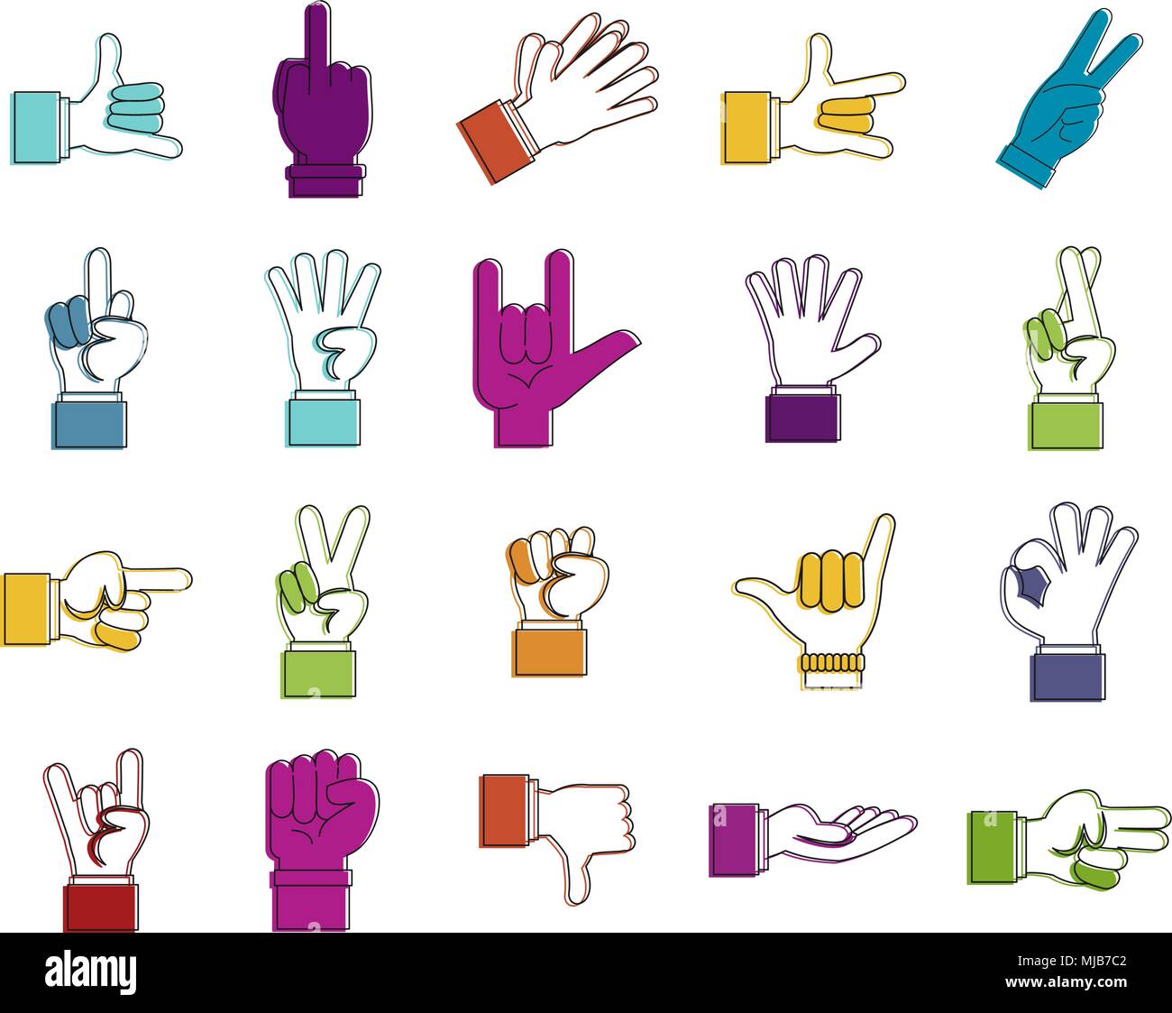 Hand sign icon set. Color outline set of hand sign vector icons for web ...