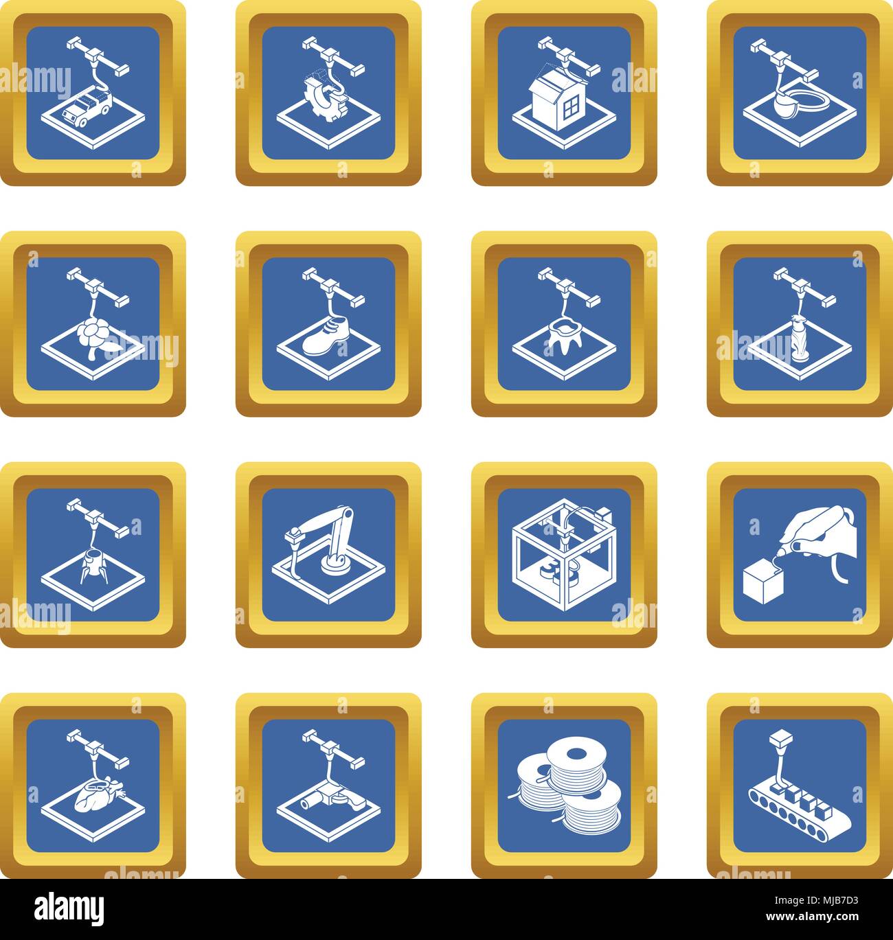 3d printing icons set vector blue square isolated on white background Stock Vector