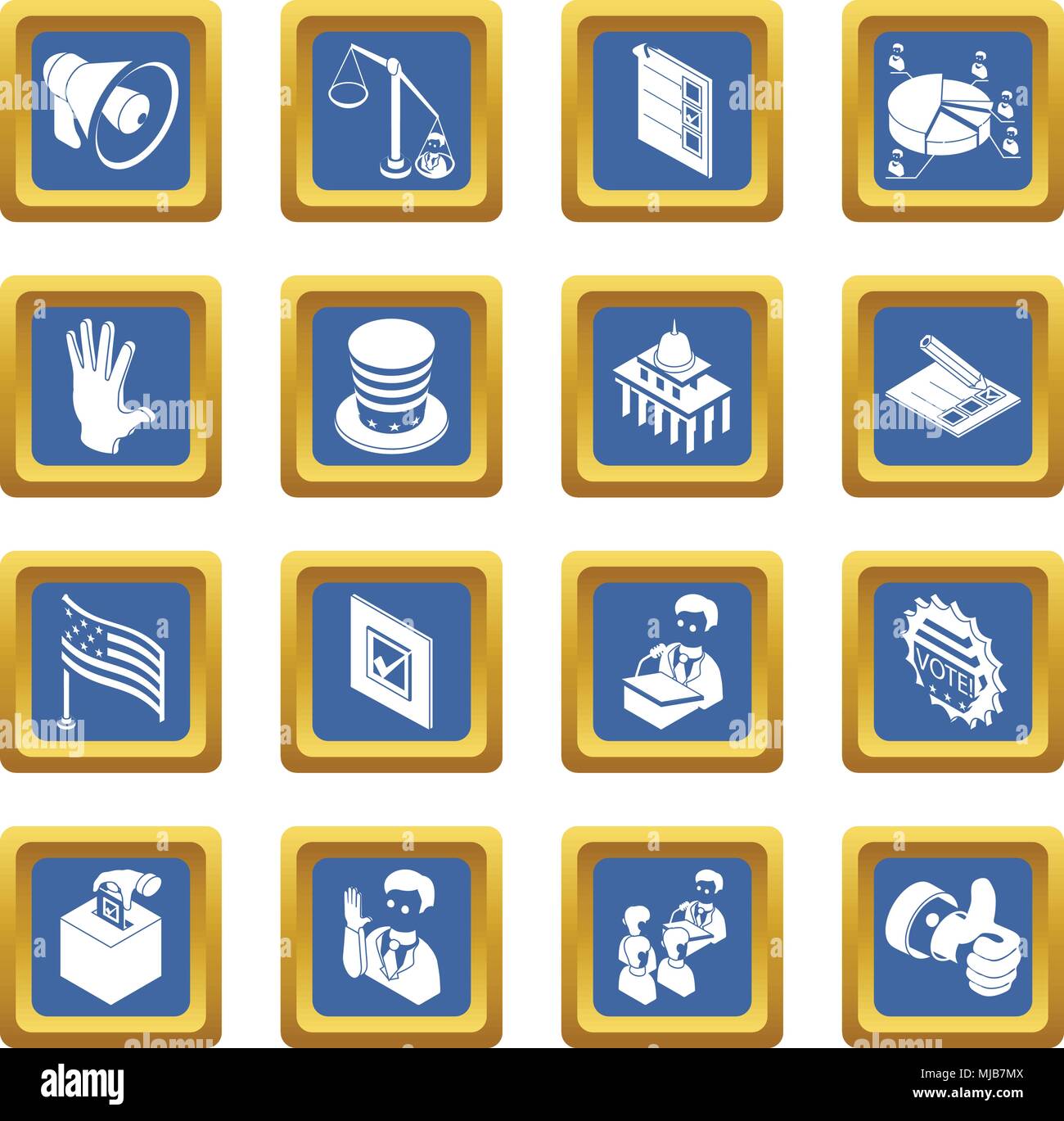 Election voting icons set vector blue square isolated on white ...