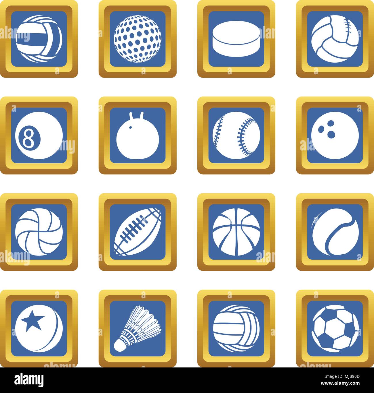 Sport balls icons set blue square vector Stock Vector