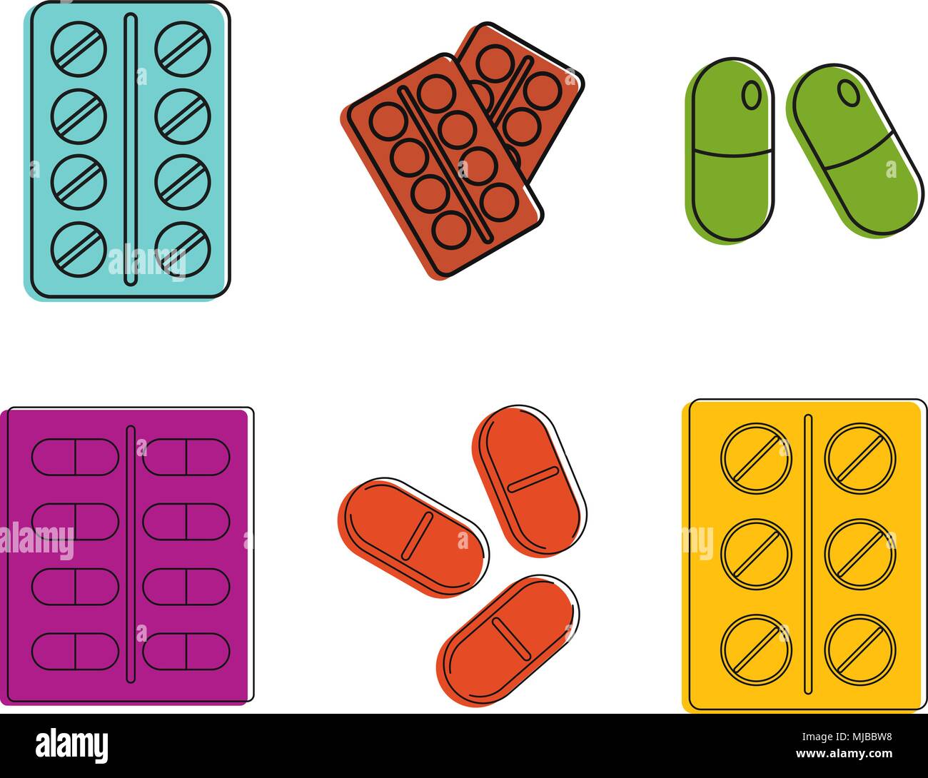 Pills icon set, color outline style Stock Vector