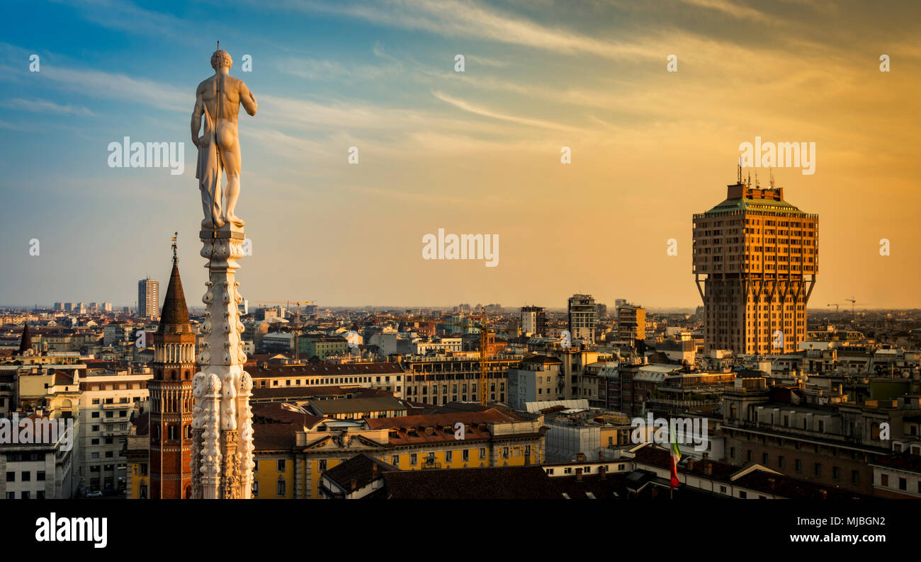 Skyline of Milan, Italy at sunset. View from the Roof Terrance of Duomo Di Milano. Stock Photo