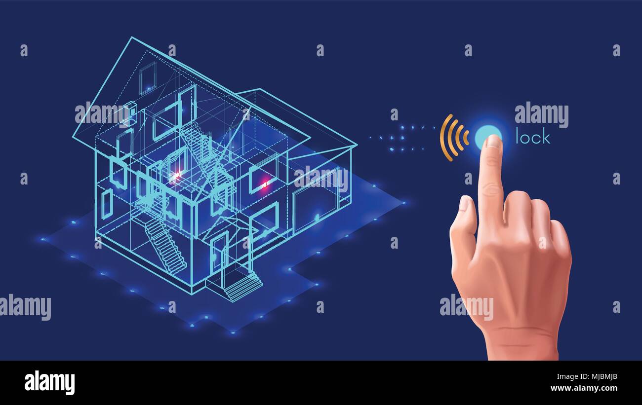 Security system of smart home. 3d house plan x-ray. Control locks the doors and windows over the internet with smartphone application. Home protection Stock Vector