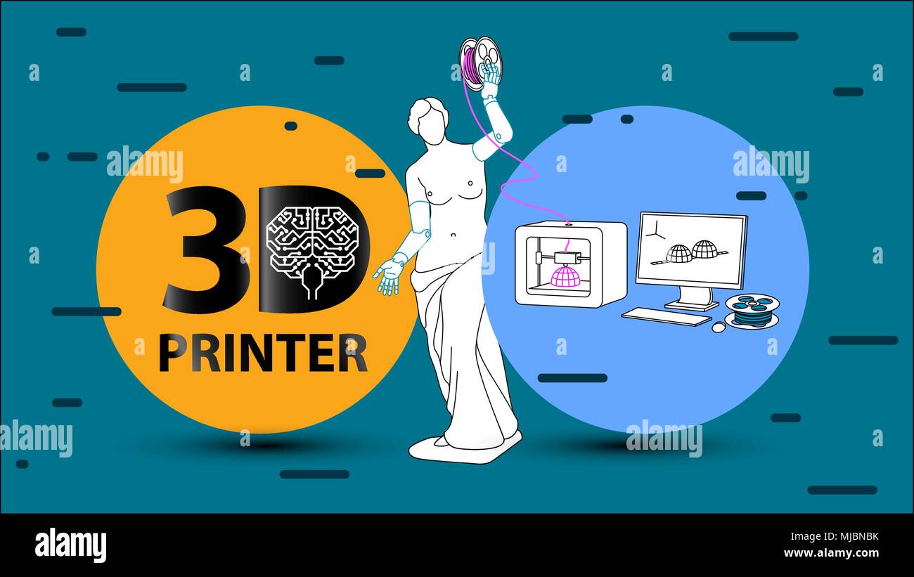 3d printing arms and clothes for Venus de Milo on 3d printer. Set flat vector illustration about 3d printing, printer, filament, modeling, prototype Stock Vector