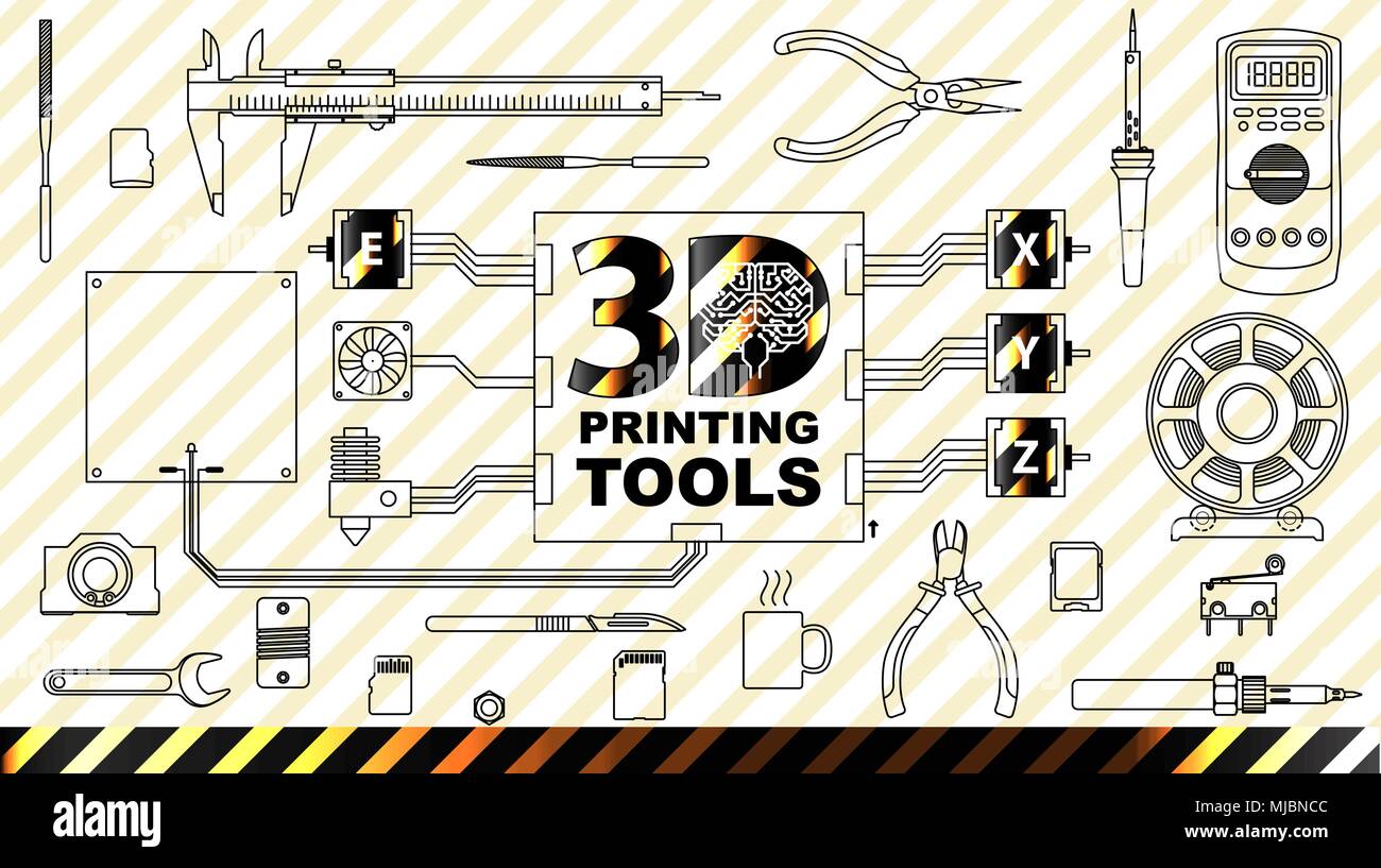 3d printing concept background Diy and repair. Set Collection tools. the engine, the coil filament, pliers, needle files, pliers, tester, soldering ir Stock Vector