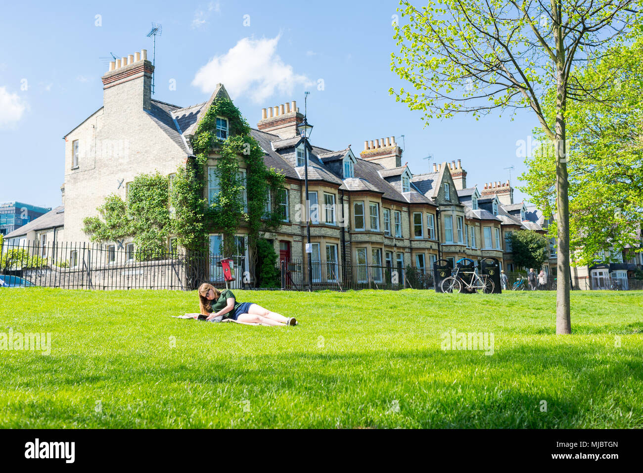Young woman student reading a book lying on the grass enjoying the warm spring weather in Jesus Green public park, Cambridge, UK. Stock Photo