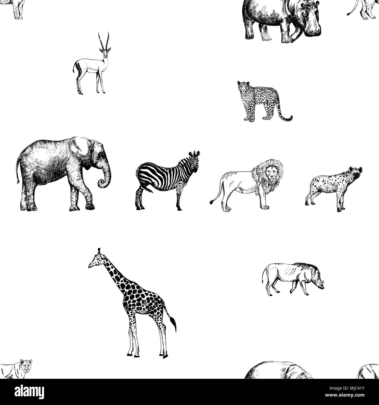Seamless pattern of hand drawn sketch style animals isolated on white background. Vector illustration. Stock Vector